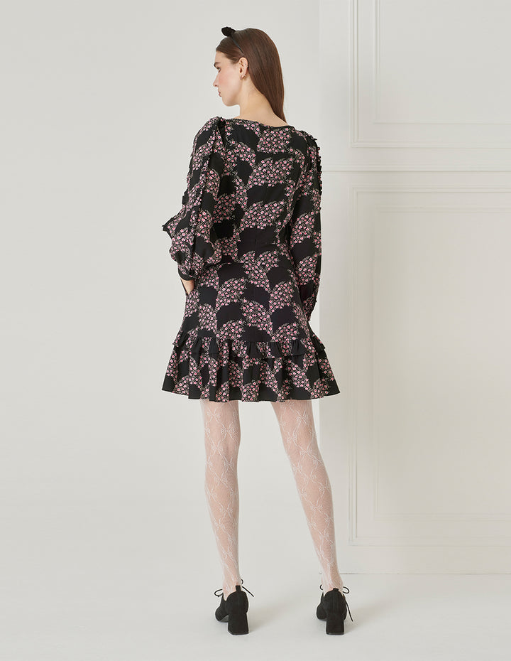 BORA AKSU Puff-Sleeved Bateau Neckline Ruffled Floral Dress