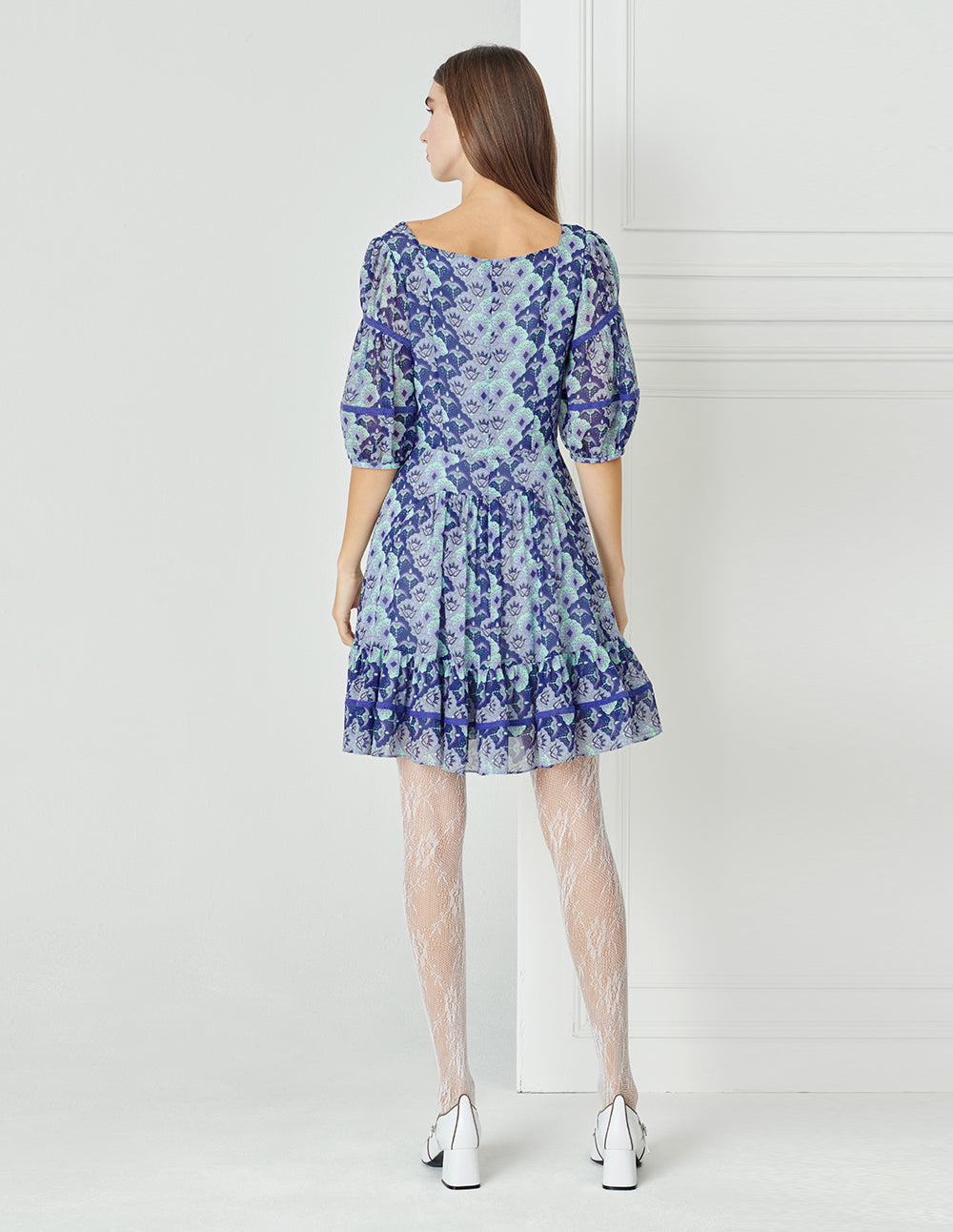 BORA AKSU Blue-Toned Japanese-Style Print Square-Neck Printed Pleated Dress