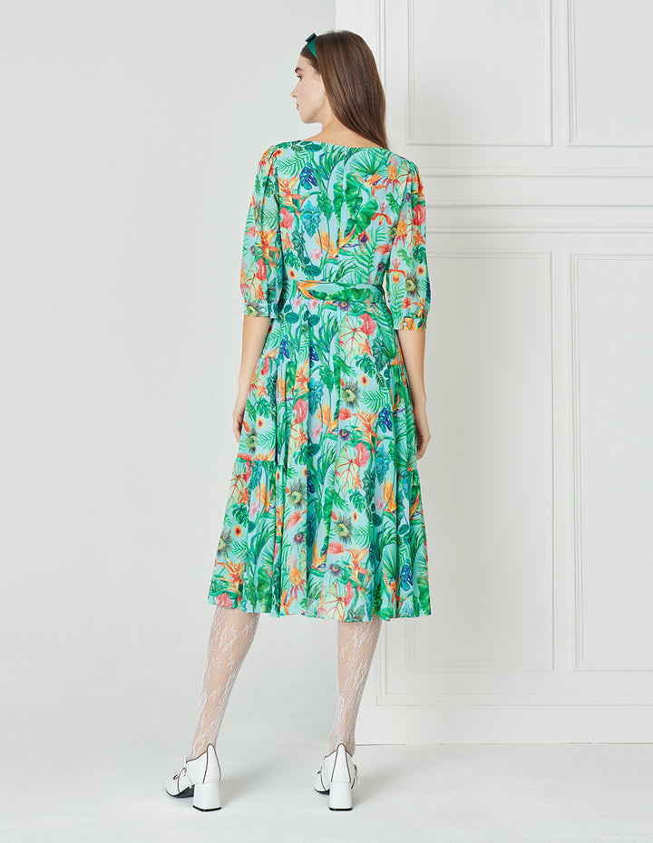 BORA AKSU Diamond Neck Teal Tropical Floral Print Pleated Dress