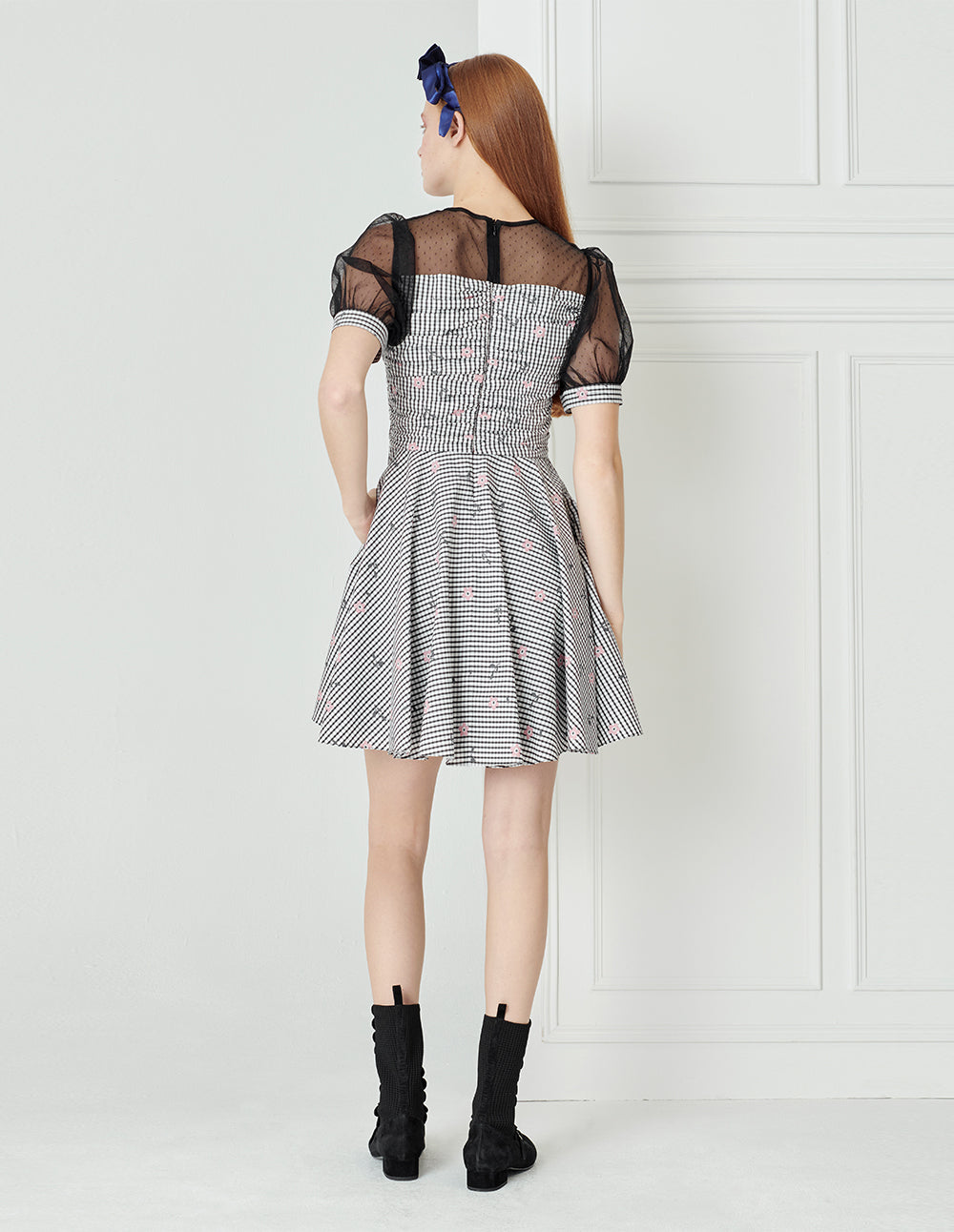 BORA AKSU Polka-dot mesh-panelled checked jacquard pleated dress