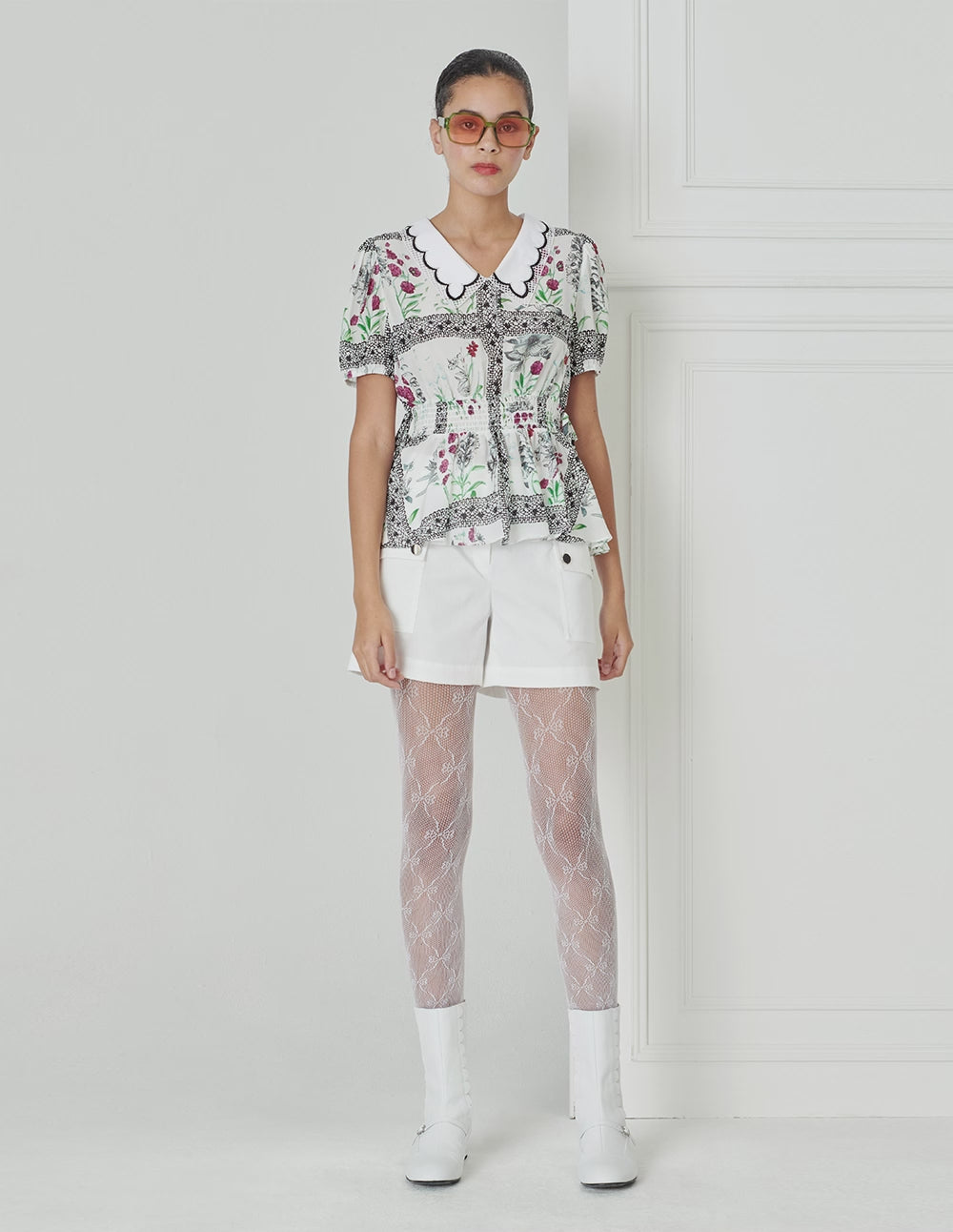 BORA AKSU Peter Pan Detailing Embroidered Collar Waist Print Top