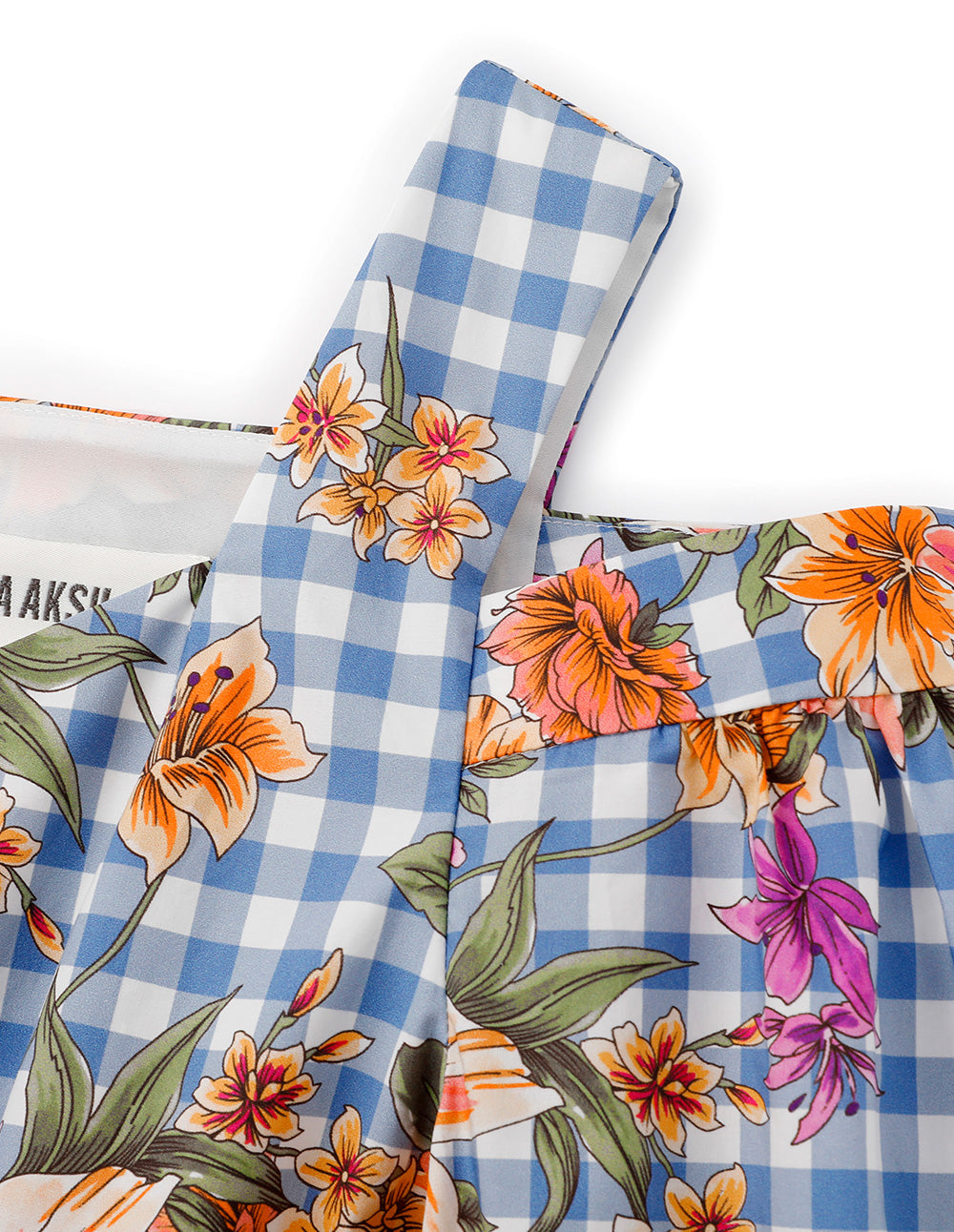 BORA AKSU Vintage Neck Blue And White Check Ruffle Print Dress