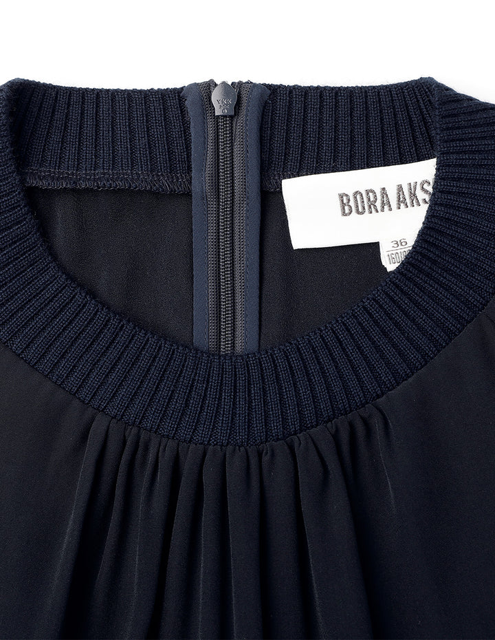 BORA AKSU French Puff Sleeve Elegant Pleated Knit Woven Dress