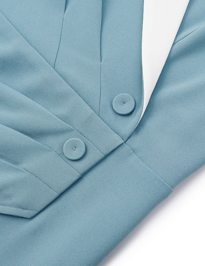 BORA AKSU Puff Sleeve Triacetate Blue And White Temperament Pleated Dress