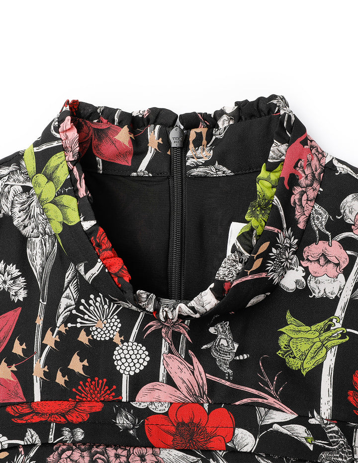 BORA AKSU Vintage Puff Sleeve Stand Collar Silk Print Floral Dress