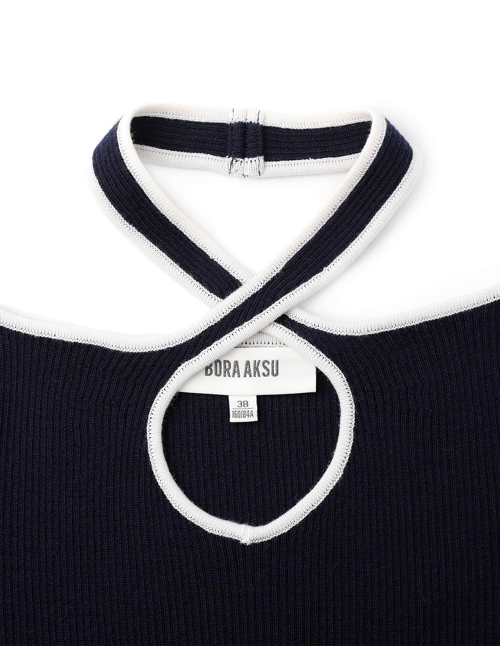 BORA AKSU Halterneck Off-The-Shoulder Blue And White Colourblock Wool Pullover