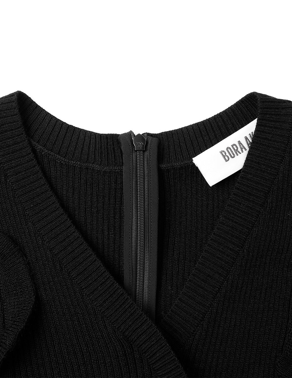 BORA AKSU Puff Sleeve V-Neck Wool Needlepoint A-Line Black Dress