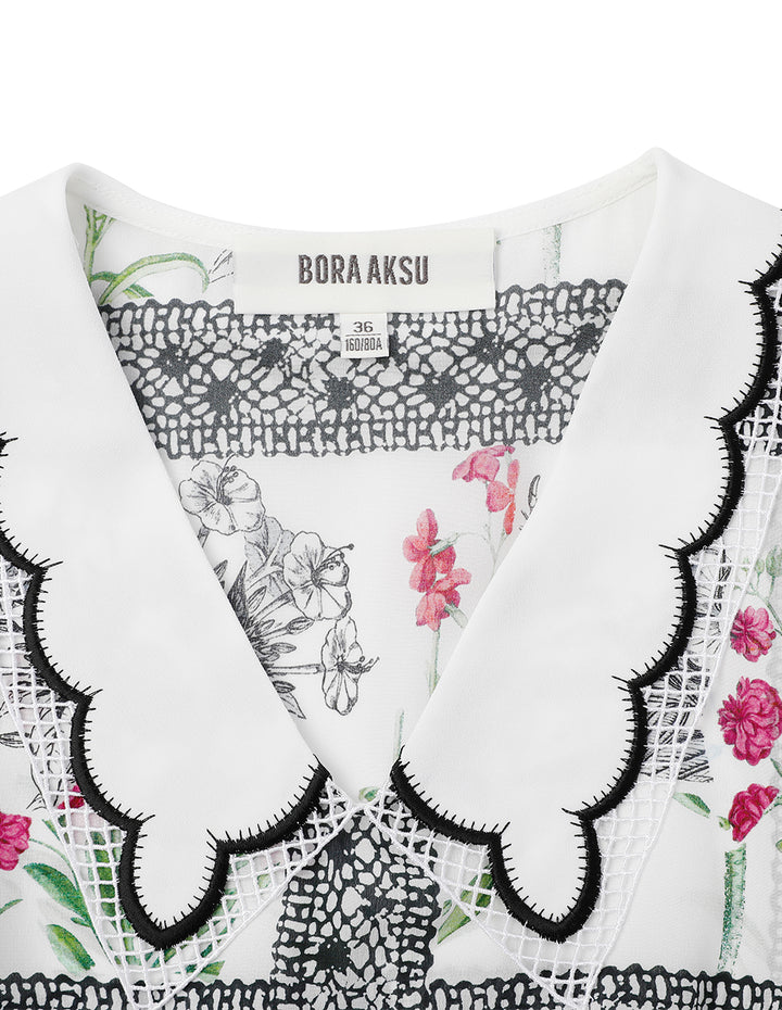 BORA AKSU Peter Pan Detailing Embroidered Collar Waist Print Top