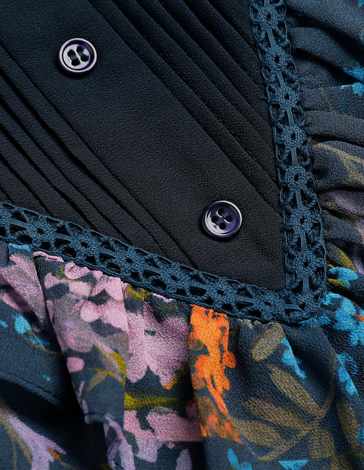BORA AKSU Dark Blue Colour-Blockruffle Neck Puff Sleeve Floral Top