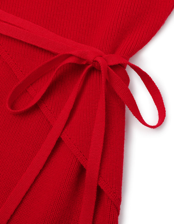 BORA AKSU Elegant Red Wrap Cross V Neck Sheep Wool Dress