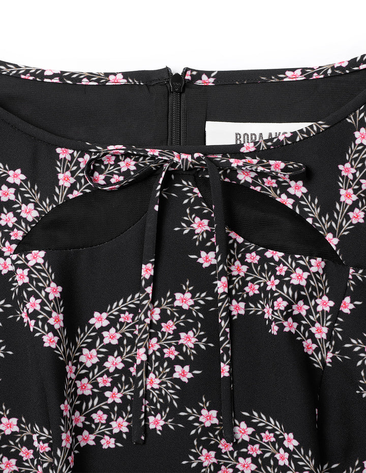 BORA AKSU Puff-Sleeved Bateau Neckline Ruffled Floral Dress