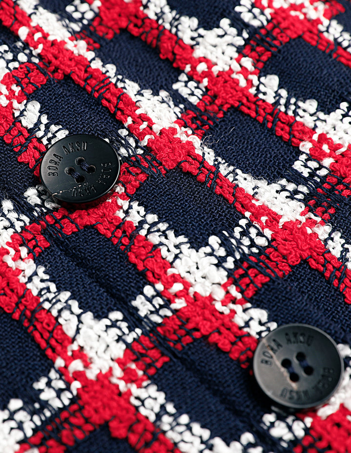 BORA AKSU Red And Blue Tweed Vintage Diamond Neck Dress