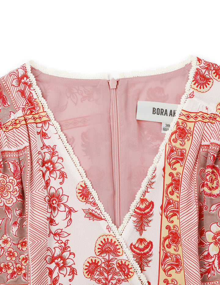 BORA AKSU French Puff Sleeve V-Neck Pleated Print Dress