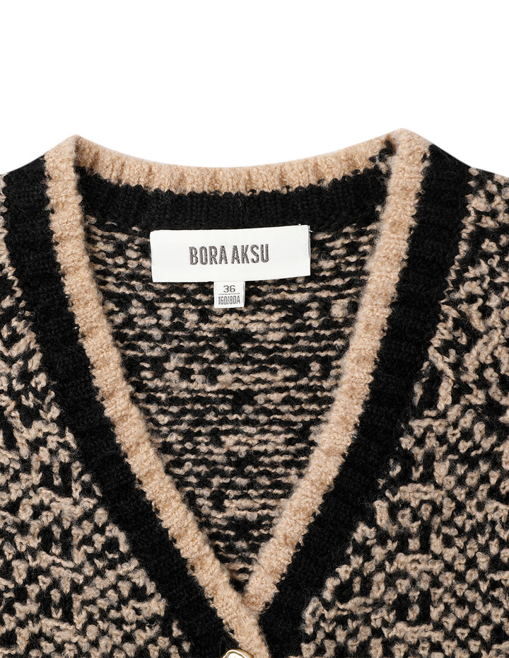BORA AKSU Camel Jacquard V-Neck Loose Wool Knit Cardigan