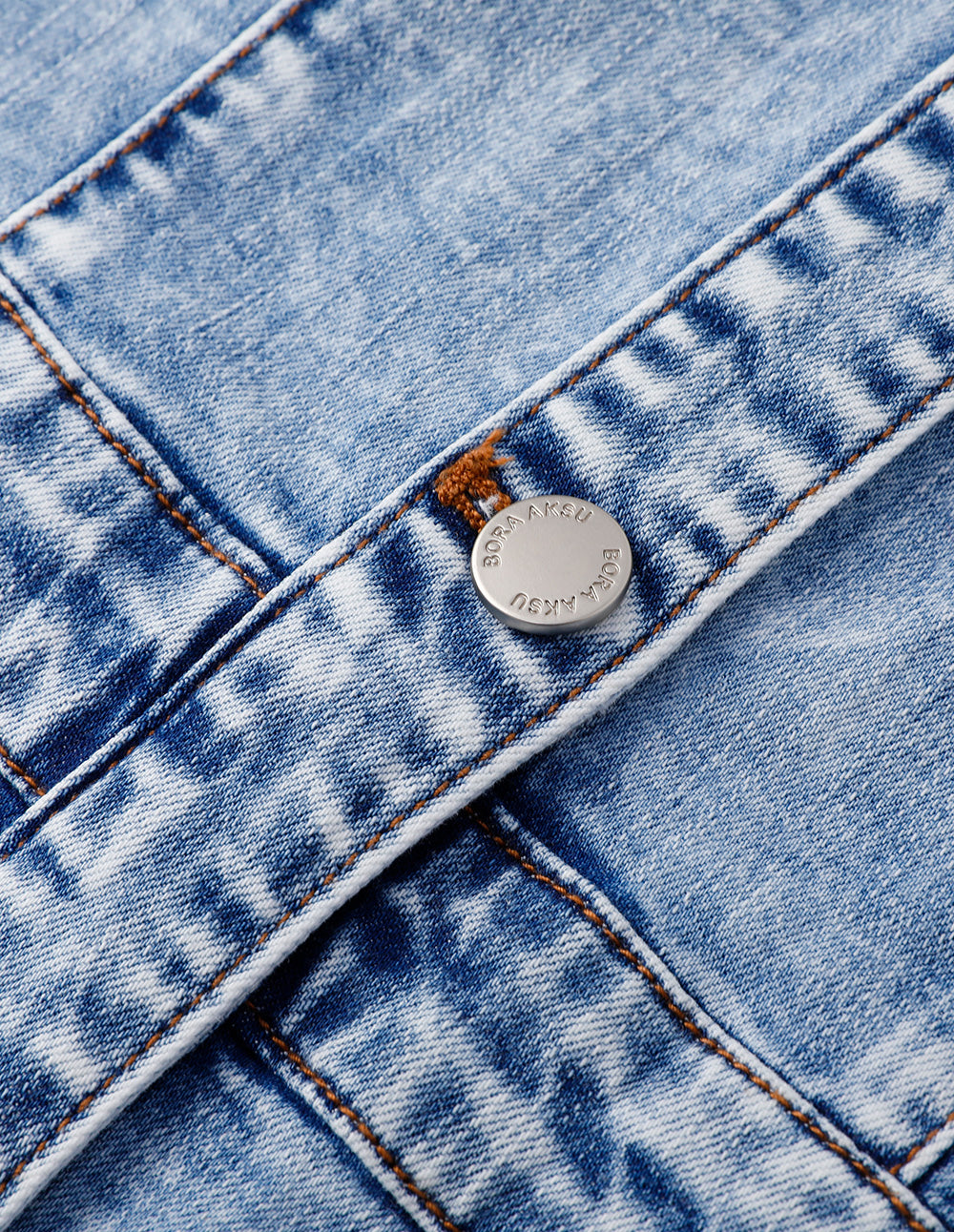BORA AKSU French Puff Sleeve Square Neck Washed Blue Denim Dress