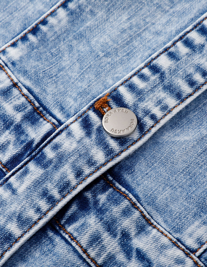BORA AKSU French Puff Sleeve Square Neck Washed Blue Denim Dress
