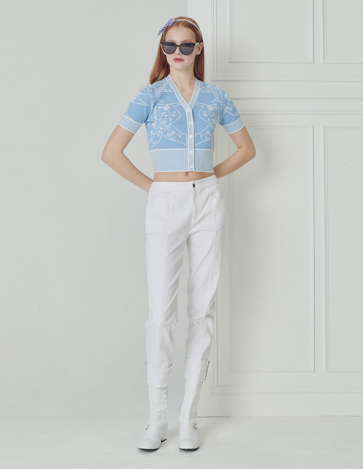 BORA AKSU Light Blue Jacquard V-Neck Short-Sleeve Knitted Cardigan