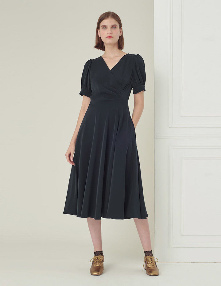BORA AKSU Cross-over V-neck puff sleeves pleated waist dress