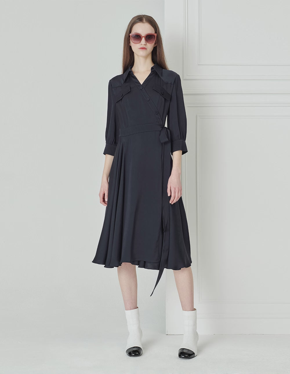 BORA AKSU French Acetate Puff Sleeve Navy Blue Dress
