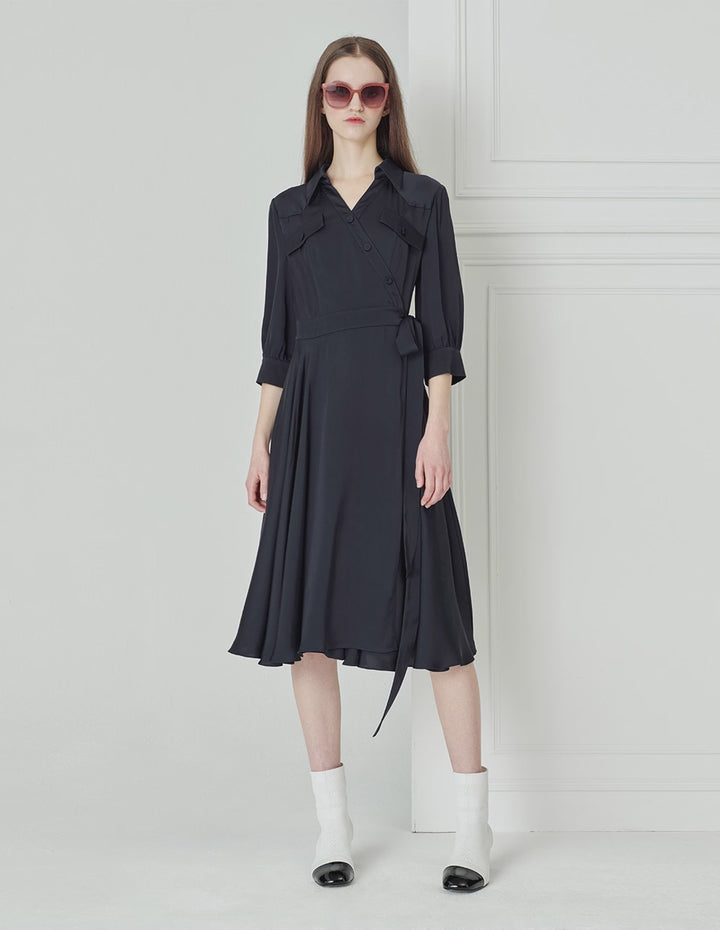 BORA AKSU French Acetate Puff Sleeve Navy Blue Dress