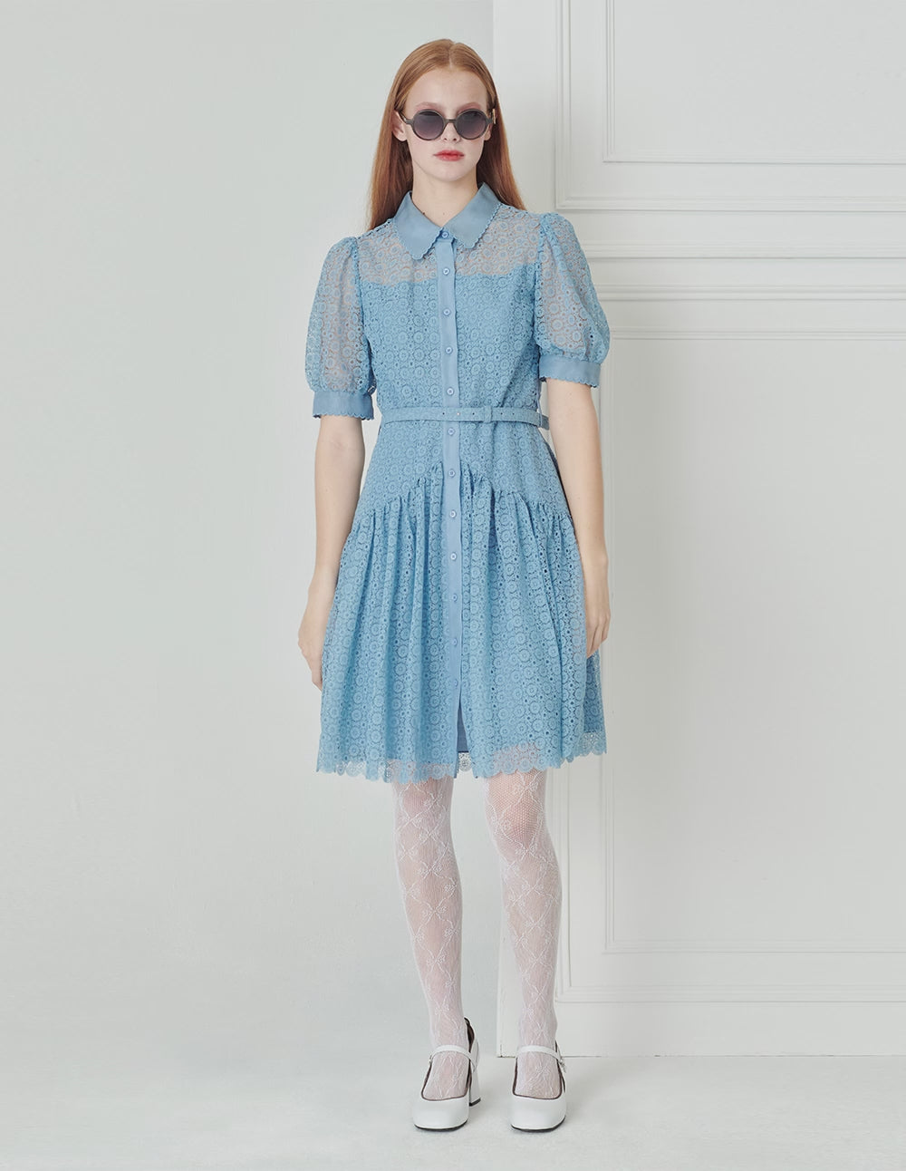 BORA AKSU Petal Trim Lace Pleated  Shirt Dress