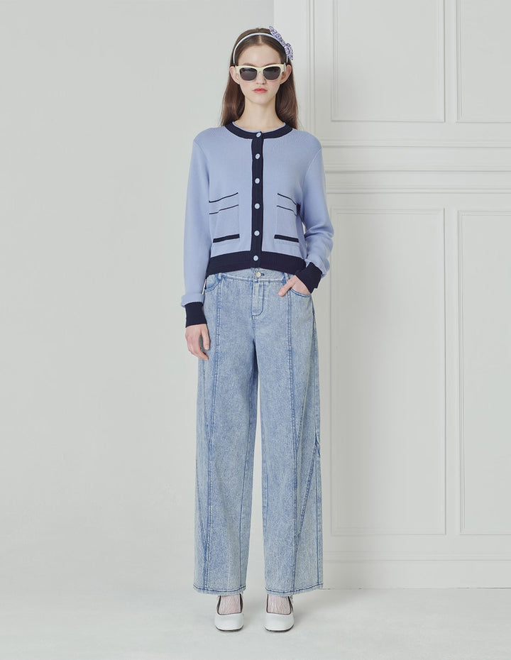 BORA AKSU Simple Colour Block  Round Neck Wool Knitted Cardigan