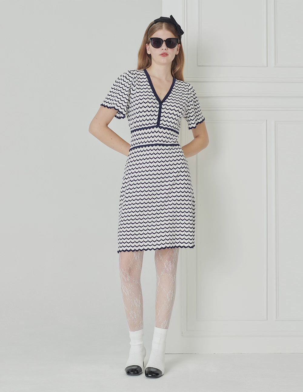 BORA AKSU Blue And White Striped V-Neck Knit Dresses