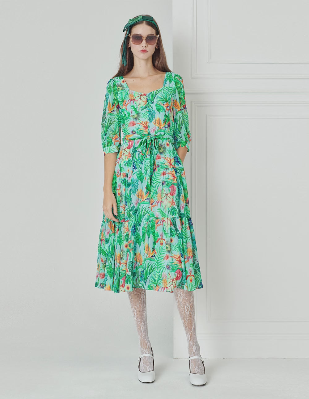BORA AKSU Diamond Neck Teal Tropical Floral Print Pleated Dress