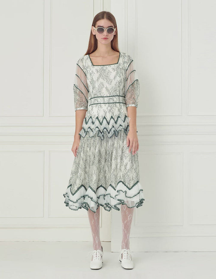 BORA AKSU Lace-Trimmed Floral Lace Square Neck Midi Dress