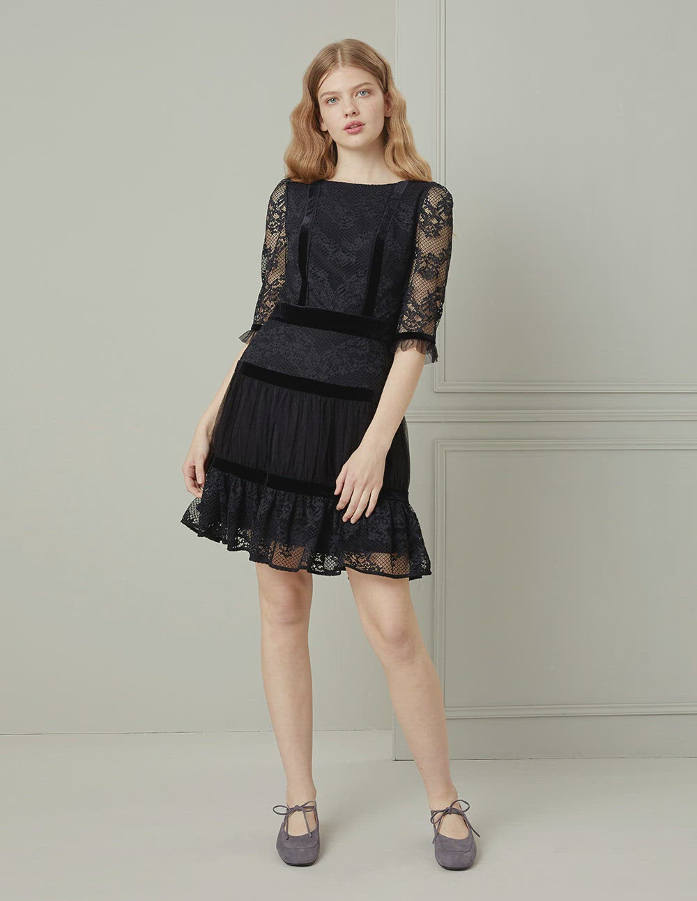 BORA AKSU Black Lace Ruffle Boat-Neck Mini Dress