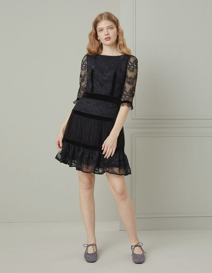 BORA AKSU Black Lace Ruffle Boat-Neck Mini Dress