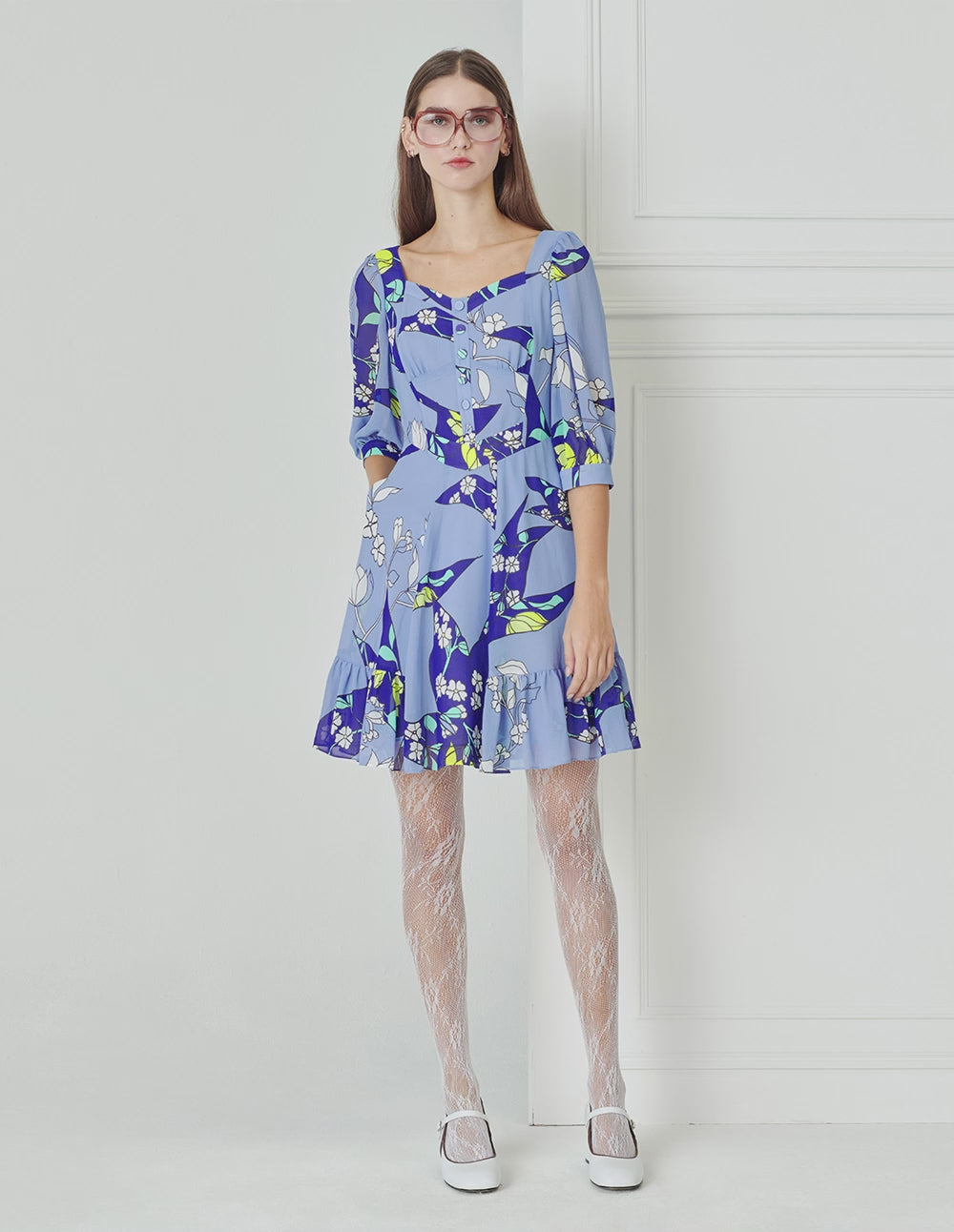 BORA AKSU Diamond Collar Print Waist Dress