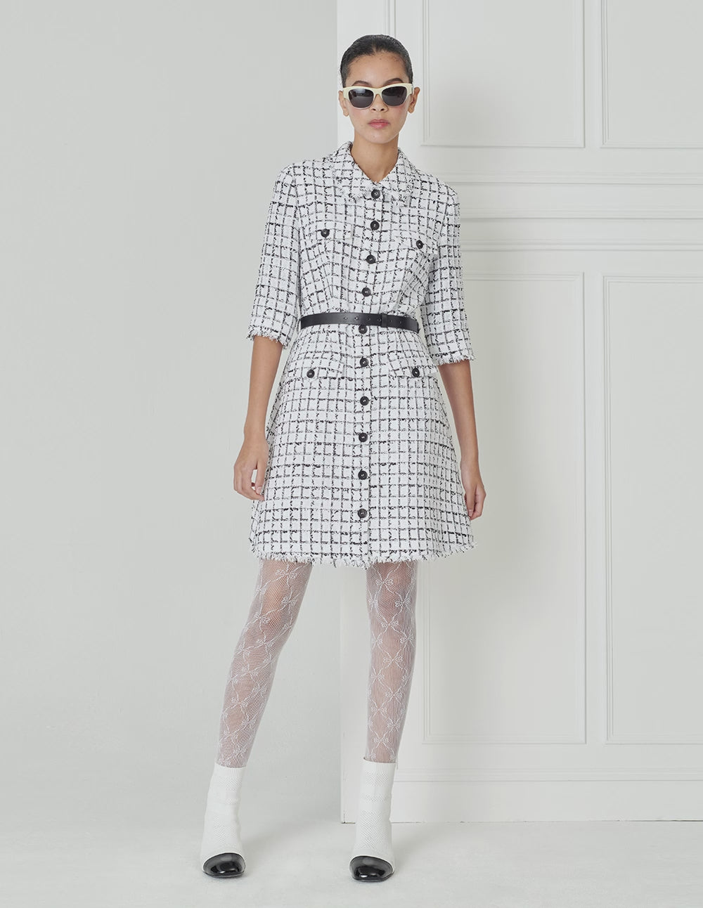 BORA AKSU Black And White Check Tweed Formal Dress