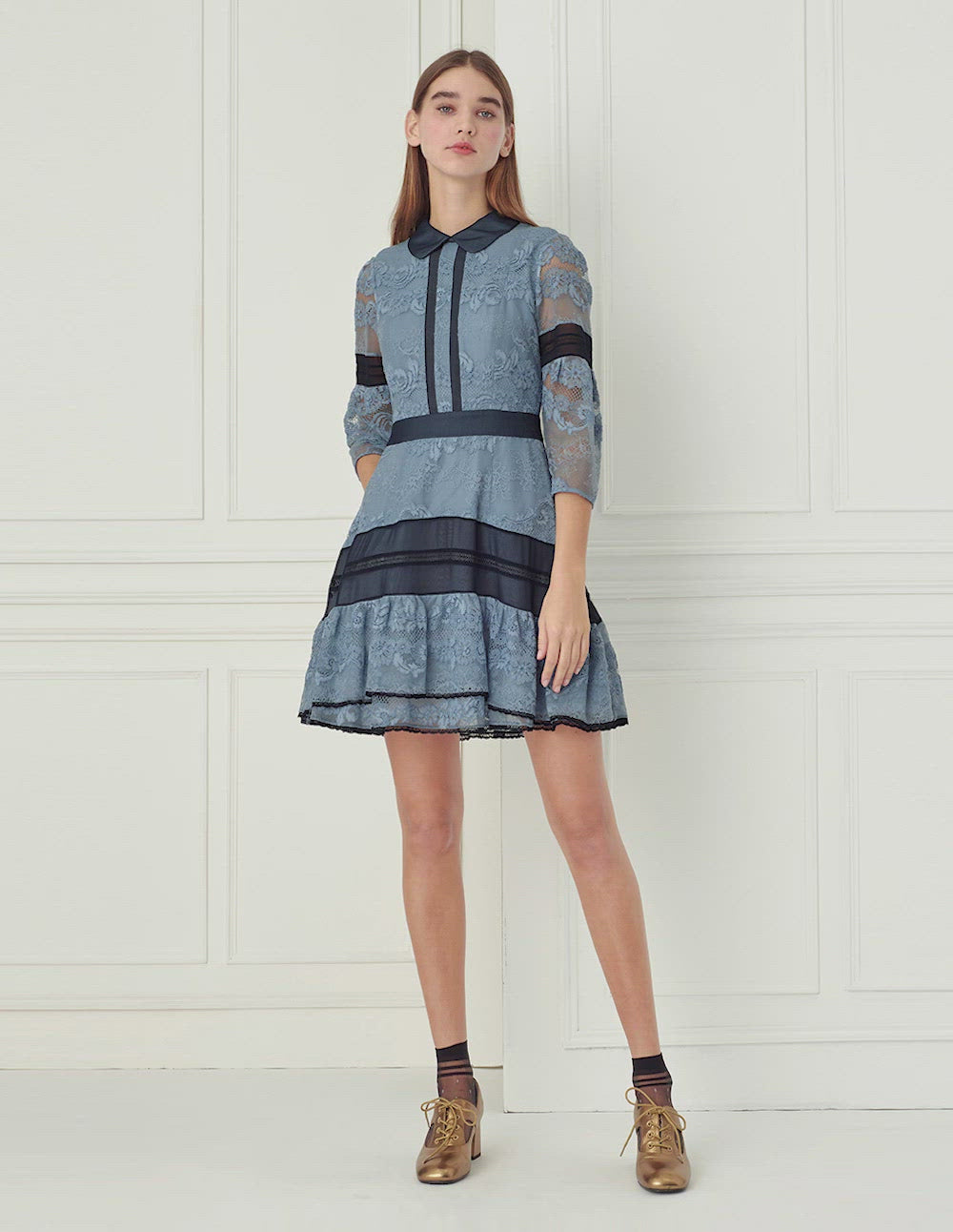 BORA AKSU Peter-Pan Collar Floral Lace Mini Mermaid Dress