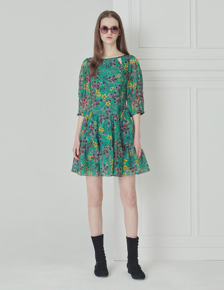 BORA AKSU Colourful Printed Silk Puff Sleeve Dress On Blue